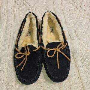 UGG Australia Dakota Moccasin Slipper Black Suede Shearling Women 10 Excellent
